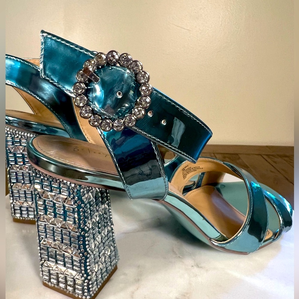 Betsey Johnson Bea Sandals shiny metallic blue crystal studded heels